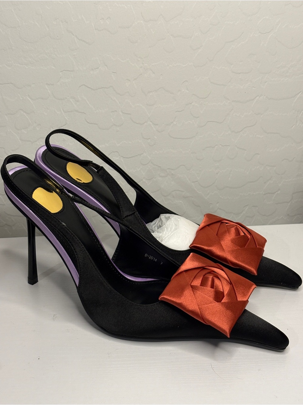 Black Slingback Heels with Rust Satin Rosette Accent - Picture 1 of 6
